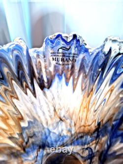 Vase vintage luxueux en verre d’art Murano multicolore avec dominante bleu doux