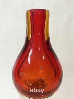 Verre Rouge Orange Vintage Murano Lourd Art Vase Withtwisted Noir Et Blanc Fil