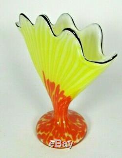 Verre Tchèque Franz Welz Pétoncle Fan Vase Jaune Orange Spatter Art Déco Époque Loetz