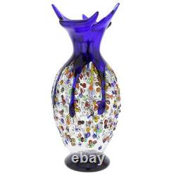 VerreDeVenise Vase en verre d'art Millefiori en forme d'amphore épineuse bleue