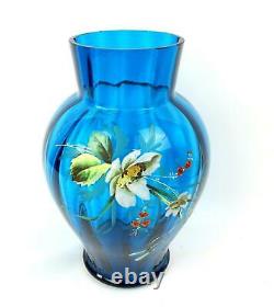 Victorie Art Glass Blue Panné Multicolor Enamel Flower 8 1/4 Vase 1920's