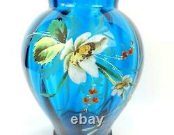 Victorie Art Glass Blue Panné Multicolor Enamel Flower 8 1/4 Vase 1920's