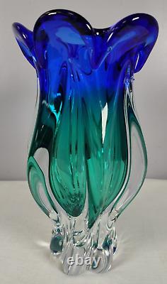 Vieille Main Blown Murano Sommerso Vase En Verre D'art Bleu Vert Clair Excellent