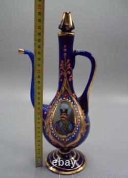 Vieux Pitcher King Shah Reza Pahlavi Verre Cobalt Peint Lis 29.5 CM Rare 20c