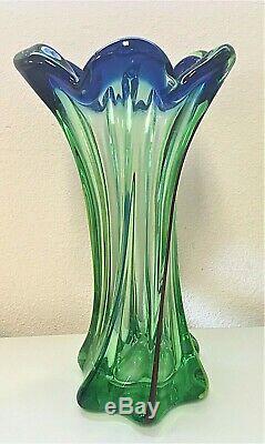 Vintage 11 Murano Glass Art Blue & Green Twisted Swirl Vase Avec Des Rayures De Couleur