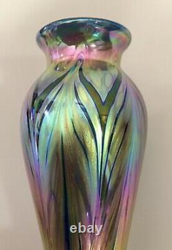 Vintage 1990 Signé Kent Fiske Vase En Verre D'art Tiré Plume Vert Violet & Or