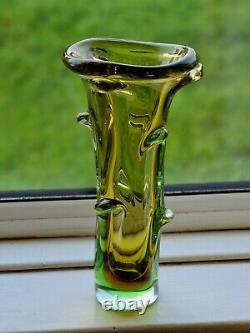 Vintage 60s Mstisov Moser Karlovarske Jaune Vert Résumé Vase En Verre D'art 12,5