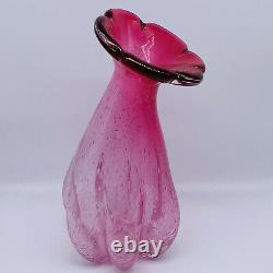 Vintage Art Verre À La Main Blown Bullicante Fleur Rose Top Deux Tons Vase 11t 5,5w