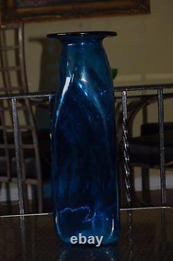 Vintage Blenko Art Glass Huge Blue Vase Hand Blown By Joel Myers Années 1960