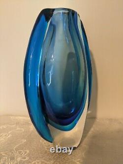 Vintage Des Années 1960 Murano Flavio Poli Sommerso Art Vase Ailé En Verre Deep Rich Blue