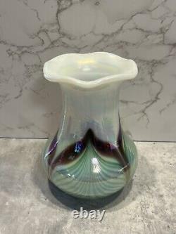 Vintage Fenton Art Verre Tiré Plume Vase Vert Violet Irisé Blanc