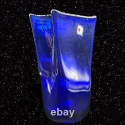 Vintage Handmade Cobalt Blue Blenko Sack Papier Bag Vase Signée Richard Blenko