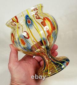 Vintage Kralik Bohemian Czech Art Glass Vase Lines Canes Vaseline Tchécoslovaquie