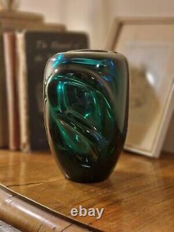 Vintage MID Century Jindrich Beranek Tchèque Skrdlovice Teal Vase En Verre D'art Vert