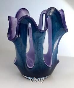 Vintage Makora Krosno Vase Ouvert Pologne Art Verre Effet Marbré Bleu 21cm Tall