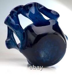 Vintage Makora Krosno Vase Ouvert Pologne Art Verre Effet Marbré Bleu 21cm Tall