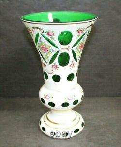 Vintage Moser Bohemian Czech Mantle Vase Blanc Floral Verre Vert