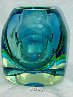 Vintage Murano Somerso Faceted Bloc Art Vase En Verre Bleu Vert