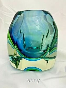 Vintage Murano Somerso Faceted Bloc Art Vase En Verre Bleu Vert