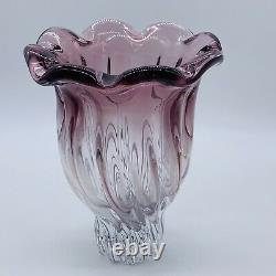 Vintage Murano Sommerso Rose Magenta Vase En Verre D'art Rufflé Top 9t 7w