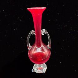 Vintage Murano Tall Vase Rouge W Poignées Art Verre 14t 3w Rond Swirl Clair