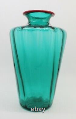 Vintage Murano Venetian Venini Green Art Glass Vase 2001 Red Thread Rim