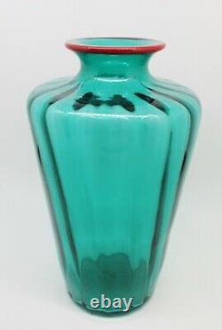 Vintage Murano Venetian Venini Green Art Glass Vase 2001 Red Thread Rim