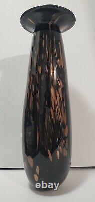 Vintage Verre D'art Noir & Cuivre / Glitter Or Vase À La Main-blown 13,5 Obsidian