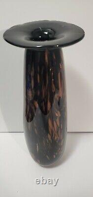 Vintage Verre D'art Noir & Cuivre / Glitter Or Vase À La Main-blown 13,5 Obsidian