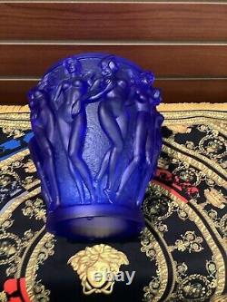 Vintage XL 10 H Bleu Foncé Bacchantes Vase En Verre D'art Lourd 9.8lb Nues Nues