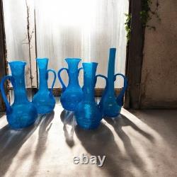 Vitre soufflée à la main Vintage Hebron verre bleu. Vase, cruche, verres à boire