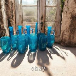 Vitre soufflée à la main Vintage Hebron verre bleu. Vase, cruche, verres à boire