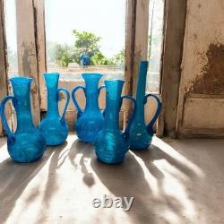 Vitre soufflée à la main Vintage Hebron verre bleu. Vase, cruche, verres à boire