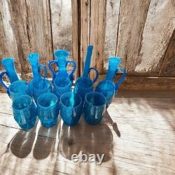 Vitre soufflée à la main Vintage Hebron verre bleu. Vase, cruche, verres à boire