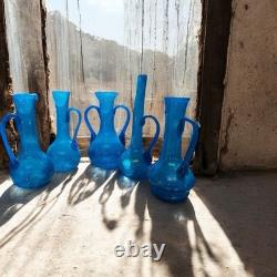 Vitre soufflée à la main Vintage Hebron verre bleu. Vase, cruche, verres à boire