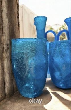 Vitre soufflée à la main Vintage Hebron verre bleu. Vase, cruche, verres à boire