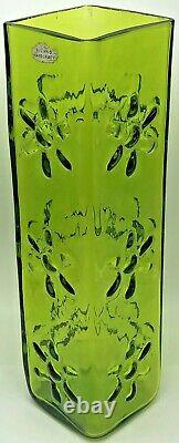 Vtg Blenko Art Glass Daisy Rectangular Vase 3-flower Husted Olive Green 6115l