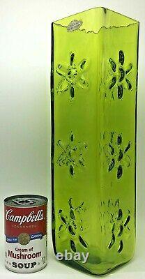 Vtg Blenko Art Glass Daisy Rectangular Vase 3-flower Husted Olive Green 6115l
