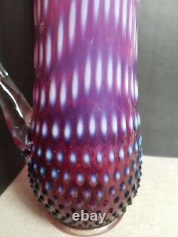 Vtg Fenton Art Glass Plum Opalescent Cloutés Extensible Pitcher Vase 14 Avec Poignée