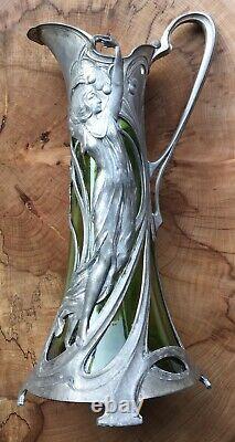 Wmf Allemand Art Nouveau Pewter Glass Lined Wine Ewer Claret Jug Vase Circa 1905