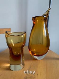 X2 Milan Metelak Harrachov Vase En Verre D'art Rare Ambre Lourd Vintage Tchèque