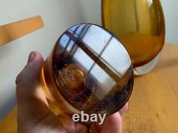 X2 Milan Metelak Harrachov Vase En Verre D'art Rare Ambre Lourd Vintage Tchèque