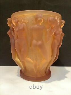 XXL 10 Lalique Style Cristal Lourd En Verre D'art Clair Ambre Bacchantes Vase 10lb