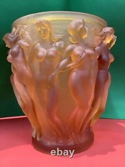 XXL 10 Lalique Style Cristal Lourd En Verre D'art Clair Ambre Bacchantes Vase 10lb